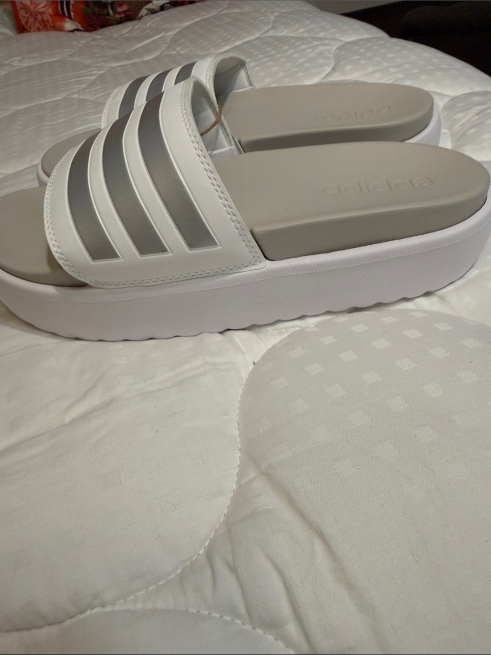 Adidas Platform Slide Sandals in Light Gray and white with Silver Stripes - Picture 3 of 4